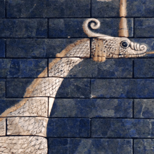 Image of a brick relief of the Mušḫuššu dragon, a mythological creature representing the Babylonian god Marduk, featured on Caitlin Smith's profile
