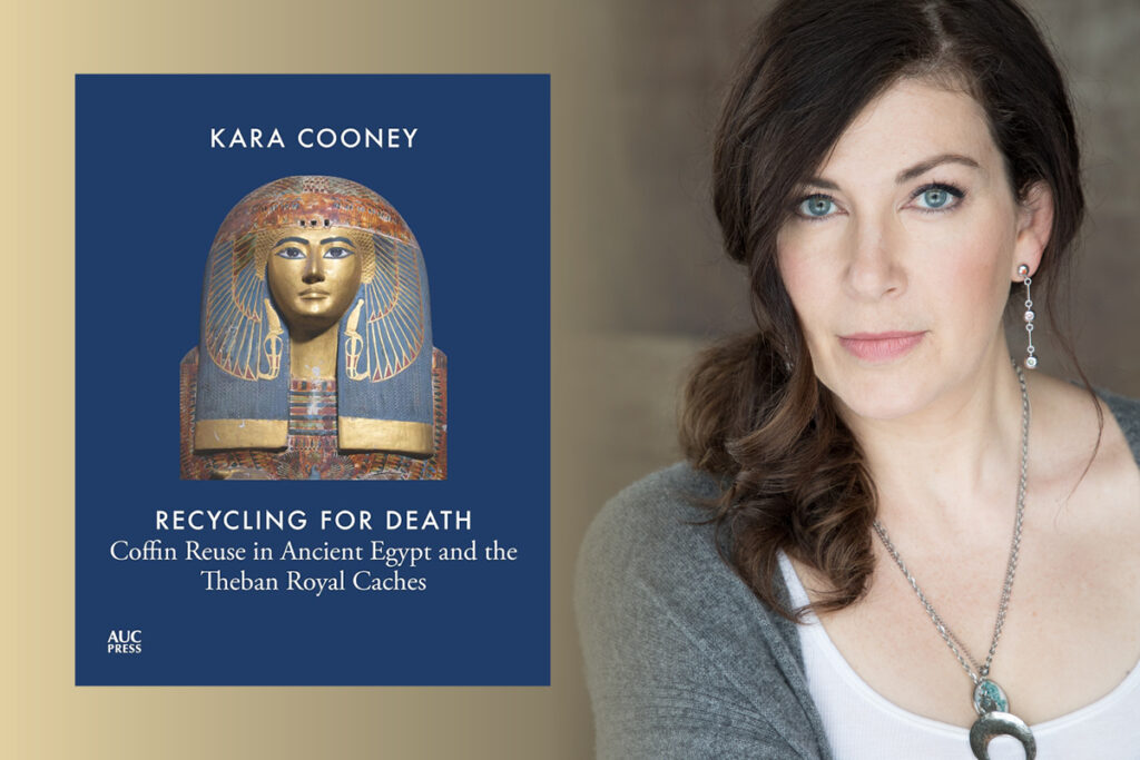 Image showing "Recycling for Death" by Kara Cooney on the left and Kara Cooney's headshot on the right
