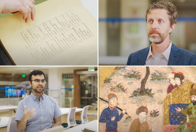 Image divided into a grid depicting Professor Luke Yarbrough and Azeem Malik discussing the UCLA Library's Islamicate Manuscripts Initiative